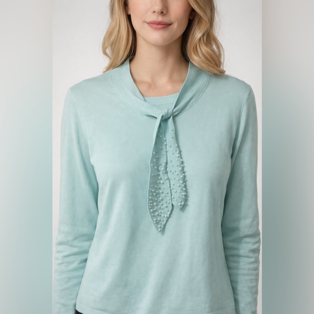 Kim Rogers Aqua Long Sleeve Top with Tie Detail